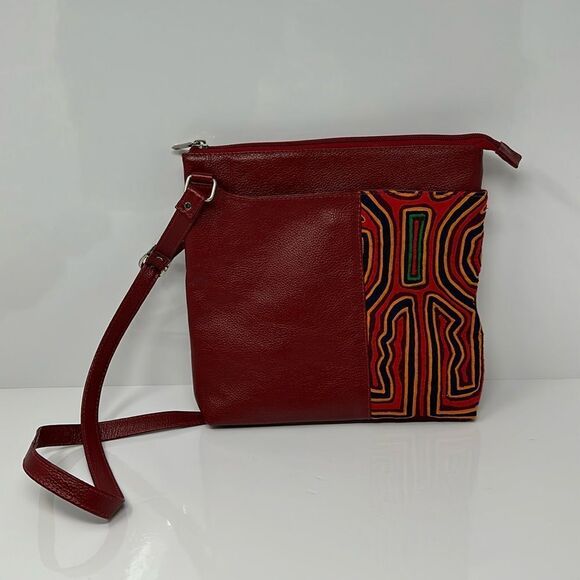 Red Leather Sling with Mola Textile and Adjustable Strap, "Red Jungle" - Picture 2 of 5
